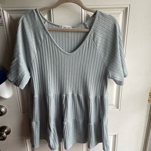 Elegant Sky Blue Ribbed Short Sleeve Top